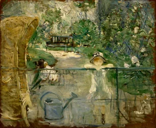 Niñas pequeñas en el jardín o la silla de mimbre, 1885