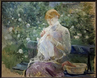 Pasie cosiendo en el jardín en Bougival. Pintura de Berthe Morisot (1841-1895) 1881