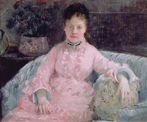 Retrato de una mujer con vestido rosa
