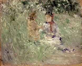 Mujer y niño en un prado de Bougival