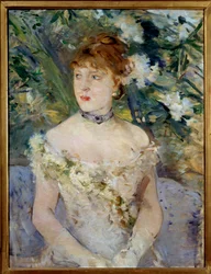 Joven mujer en vestido de baile pintada por Berthe Morisot