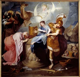 El sacrificio de Ifigenia. El rey Agamenón sacrifica a su hija para apaciguar la ira de Artemisa. Pintura de Bertholet Flemalle (1614-1675) Siglo XVII