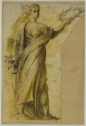 Mujer de pie con corona de laurel