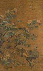 Pavo real y malvarrosas, mediados del siglo XIV