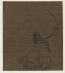 Pájaro durmiendo en una rama de ciruelo, 1400s