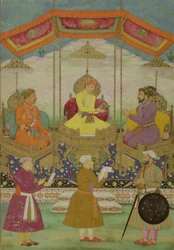 Emperador mogol Akbar (c.1605) (centro) simbólicamente pasando la corona de su hijo Jahangir a su nieto Shah Jahan (1627-1658) c.1630