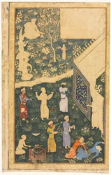 Músicos y sirvientes fuera de un campamento real, c. 1485