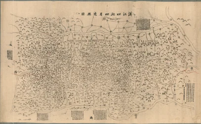 Han Jiang yi bei si sheng bian yu tu, ke ban. Información manuscrita en tinta roja en los bordes este y oeste. Montado en una segunda hoja de papel y reforzado en los bordes con tela. Disponible también en el sitio web de la Biblioteca del Congreso como im