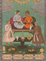 Jahangir entretiene al sha Abbas del Álbum de San Petersburgo (detalle), c.1620 (acuarela, oro, tinta sobre papel)