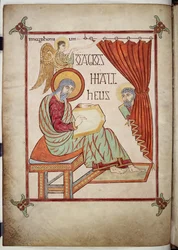 Cotton Nero D. IV, f.25v San Mateo, escrito, con su símbolo, de los Evangelios de Lindisfarne, 710-721 (vitela)