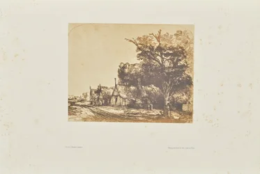 [Paisaje con tres casitas a dos aguas junto a una carretera]