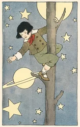 Niño trepando a un árbol entre las estrellas y planetas