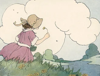 Niña oliendo una flor silvestre contra un cielo de verano