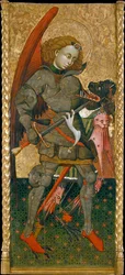 San Miguel Arcángel matando al diablo - Pintura de Blasco de Granen (?-1459), témpera sobre tabla (183,7x82 cm), hacia 1440 - San Miguel Arcángel, Témpera sobre tabla de Blasco de Granen, c1440 - Museu Nacional d