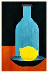 Botella azul, limón amarillo