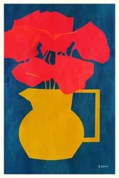 Jarra dorada con flores rojas