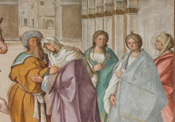 Nave central, Primer tramo norte, Encuentro de San Joaquín y Santa Ana en la Porta Aurea, Boccaccio Boccaccino 1514-15 (detalle)