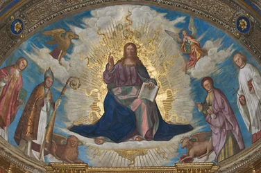 El Redentor en la Gloria entre San Himerio, San Marcelino, San Omobono y San Pedro, y los símbolos de los Evangelistas