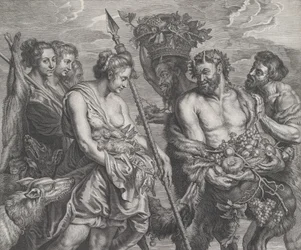 Diana regresando de la caza, acompañada por perros y sus ninfas a la izquierda, dos sátiros, ca. 1640-59