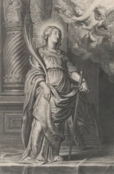Santa Catalina sosteniendo hojas de palma y una espada, dos putti sobre ella sosteniendo una laure..., ca. 1625-59