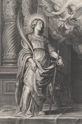 Santa Catalina sosteniendo hojas de palma y una espada, dos putti sobre ella sosteniendo una laure..., ca. 1625-59