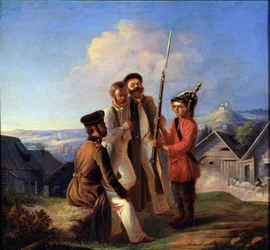 Acuerdo militar. Los soldados se ríen de un niño que ha recibido un casco y un rifle. Pintura de Bogdan Bogdanovich Greim (hacia 1827-1885), óleo sobre lienzo. Arte ruso del siglo XIX. Museo Estatal de Arte de la República Kar