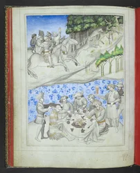 Add 24189, f.5v, Recreación en Chipre con, arriba, una cacería de ciervos usando leopardos y, abajo, una fiesta, del 