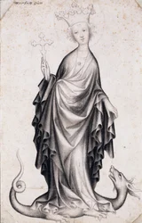 Santa Margarita de Antioquía (fallecida hacia el 305) (Santa Margarita) (sostiene un crucifijo y pisotea un dragón) - Obra de un maestro bohemio (activo 1410-1420), lápiz y pincel sobre papel (21,4x14 cm), hacia 1410 - Szepmuveszeti Muzeum, Budapest (Hungr