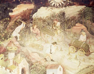 El mes de diciembre, (detalle) de hombres talando árboles, c.1400