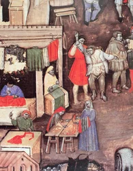 Comerciantes de telas en un mercado, del manuscrito "Statuto delle Corporazione dei Mercanti" (vitela)