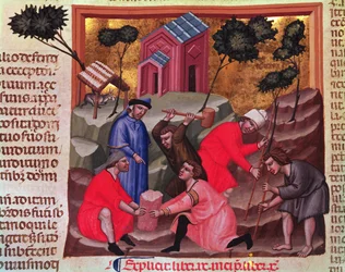 Cortadores de mármol y picapedreros, del manuscrito "Justianiano Institutiones Feodorum et Alia Codex", c.1300 (vitela)
