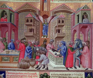 Gremio de mercaderes, del manuscrito "Justiniano Institutiones Feodorum et Alia", c.1300 (vitela)