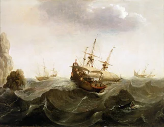 Un barco comercial holandés con destino a las Indias Orientales deja pasar dos barcos de pesca de arenques. Óleo, mediados del siglo XVII, de Bonaventura Peeters (1614-1652).