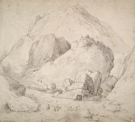 Paisaje montañoso con figura a caballo en primer plano