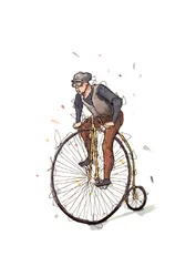 Ciclista de una bicicleta penny farthing de época