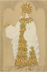 Diseño de vestuario para Ludmila de la ópera "Ruslan y Ludmila" (gouache, realzado con oro)