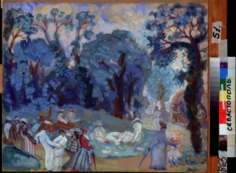 Alupka (Ucrania) (Alupka). Escena de la vida cotidiana: paseantes y gente en su mejor descanso dominical y divertirse en un jardín público. Obra de Boris Dmitryevich Grigoriev (1886-1939), témpera sobre cartón