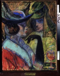 Café en París (Café en París). Dos elegantes mujeres sentadas alrededor de una copa en una mesa de bistró parisino. Obra de Boris Dmitryevich Grigoriev (1886-1939), pastel sobre cartón