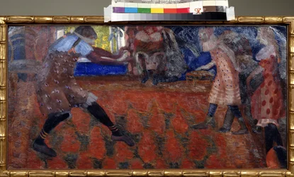 Colin Maillard (Aficionado a los ciegos). Juegos infantiles en salón alfombrado. Obra de Boris Dmitryevich Grigoriev (1886-1939), témpera sobre cartón