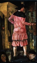 Calle de las rubias. Una prostituta en una calle de París, Francia, rodeada de rostros de hombres de mirada sospechosa, vigilada por un hombre que se oculta detrás de la columna de un edificio. Pintura de Boris Dmitrievich Grigoriev