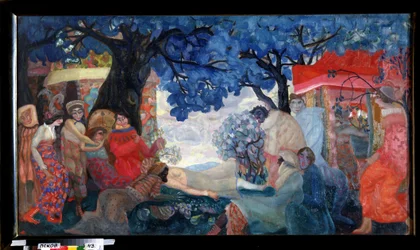 Un sueño. Personajes con disfraces o máscaras rodean a otro personaje que yace bajo los árboles de follaje azul, en un pueblo con casas multicolores. Obra de Boris Dmitryevich Grigoriev (1886-1939), témpera sobre cartón