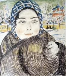 La esposa de un joven comerciante con un pañuelo a cuadros par Kustodiev, Boris Michaylovich (1878-1927)