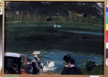 Bosque de Boulogne. El lago con cisnes y caminantes. Pintura de Boris Michaylovich Kustodiev (Kustodiev) (1878-1927), óleo sobre lienzo