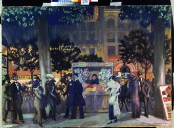 Boulevard en París, en la noche. (Boulevard de París de noche). Descripción de la animación nocturna de la vida parisina, en verano. Puedes ver las columnas de Morris. Pintura de Boris Michaylovich Kustodiev (Kustodiev) (1878-1927), óleo sobre lienzo