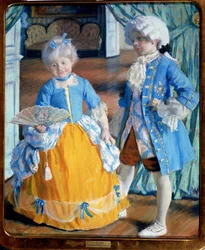 Niños con trajes rococó. El niño lleva medias y peluca, mientras que la niña sostiene un abanico de encaje.