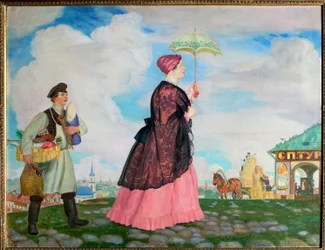 Mujer comerciante con sus compras. (Mujer de Comerciante con Compras). En el camino de regreso, la mujer elegante bajo su sombrilla es seguida por un dependiente que transporta sus compras. Pintura de Boris Michaylovich Kustodiev (Kustodiev) (1878-1927), ó