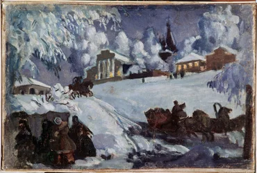 Invierno, trineos (Invierno. Paseo en Trineo). Pintura de Boris Michaylovich Kustodiev (Koustodiev) (1878-1927), óleo sobre lienzo, hacia 1920. Arte ruso, principios del siglo XX. Colección privada.