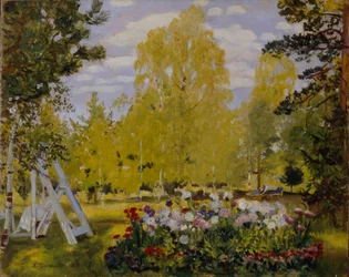 Paisaje con un macizo de flores