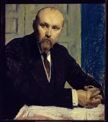 Retrato del artista Nicolas Roerich (1874-1947) (Retrato del artista N. Roerich). Oeuvre de Boris Michaylovich Kustodiev (Koustodiev) (1878-1927), pastel sobre cartón