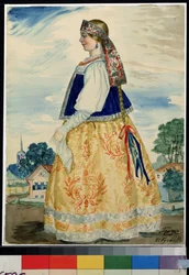 Diseño de vestuario para la obra La tormenta de Alexandre Ostrovsky (Ostrovsky) (1823-1886) (Diseño de vestuario para la obra La tormenta de A. Ostrovsky). Obra de Boris Michaylovich Kustodiev (Koustodiev) (1878-1927), acuarela sobre papel